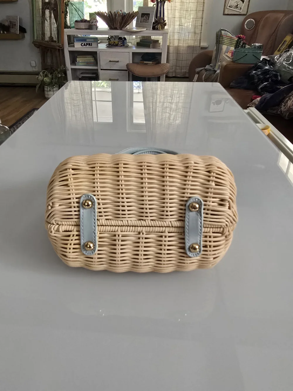 Woven Rattan Bag with Light Blue Trim